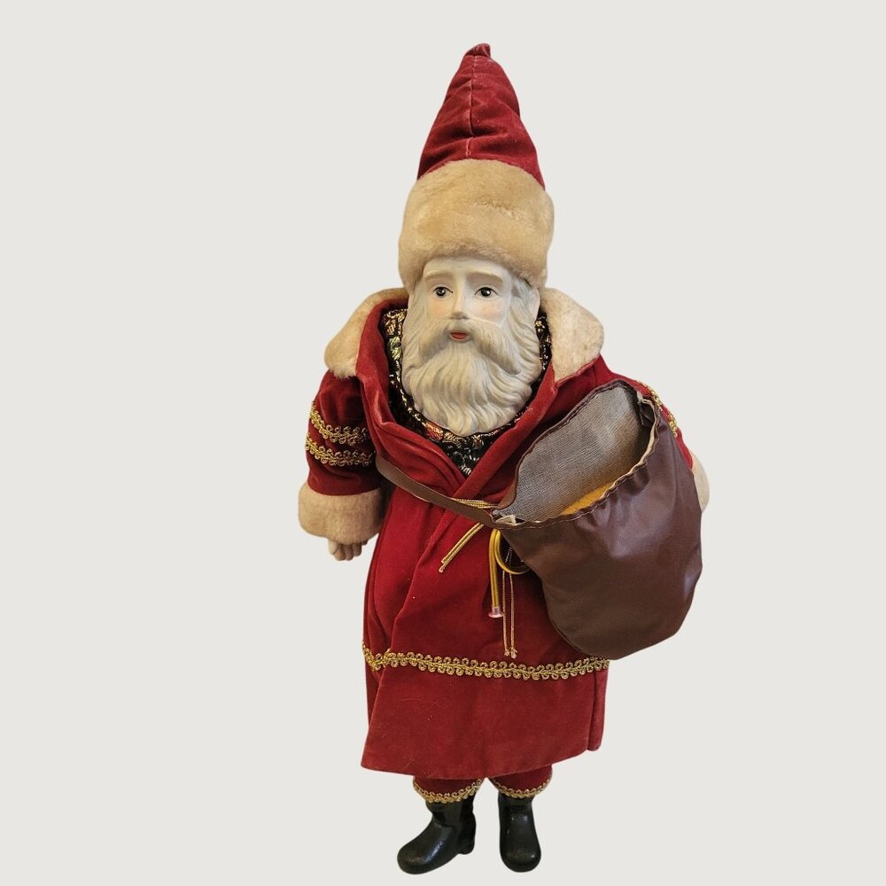 1984 Enesco Antique Santa Claus Doll In Red Velvet Outfit With Gold Trim & Faux